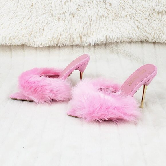 Furry Pointy Toe Slip On Gold Tone Slim Heels Pink Fuji - Picture 10 of 14